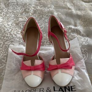 Pink Two-Tone Bow Mary Jane Heels with Ankle Strap